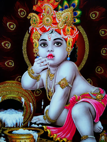 Poster Of Baby Krishna In Pink With Gold Detailing - OnlinePrasad.com