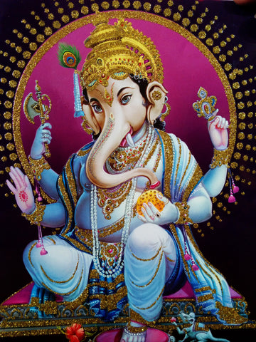 Poster Of Ganesha In Blue With Gold Detailing - OnlinePrasad.com