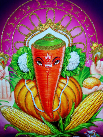 Poster Of Ganesha In Orange With Gold Detailing - OnlinePrasad.com
