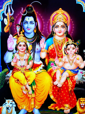 Poster Of Shiva And Parvati In Yellow And Red Along With Ganesha And Kartik - OnlinePrasad.com