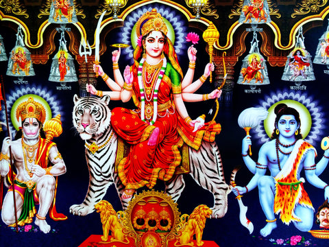 Poster Of Durga Mata In Red Along With Hanuman And Shiva - OnlinePrasad.com