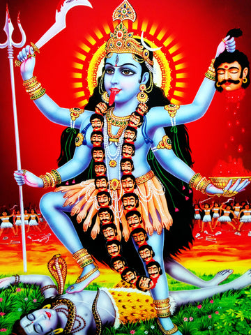 Poster Of Kali In Light Blue Along With Shiva - OnlinePrasad.com