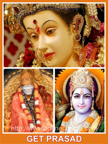Shirdi Sai Baba + Vaishno Devi + Ram Mandir Prasad + Durga Ma Gold Poster + Idol - OnlinePrasad.com